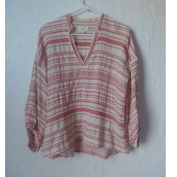 Lou Grey Loft Women Small Tunic Blouse V-Neck Ivory Red Stripe Pullover Cotton - Picture 5 of 12